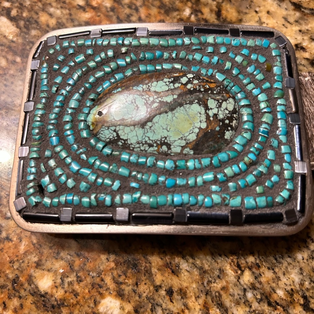 Highly sought Janice Schmidt turquoise belt buckle with cowhide belt